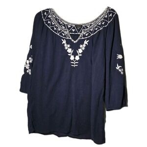 Talbots Blouse Womens Med. Navy Blue Embroidered Flowy Lightweight Crinkle Gauze
